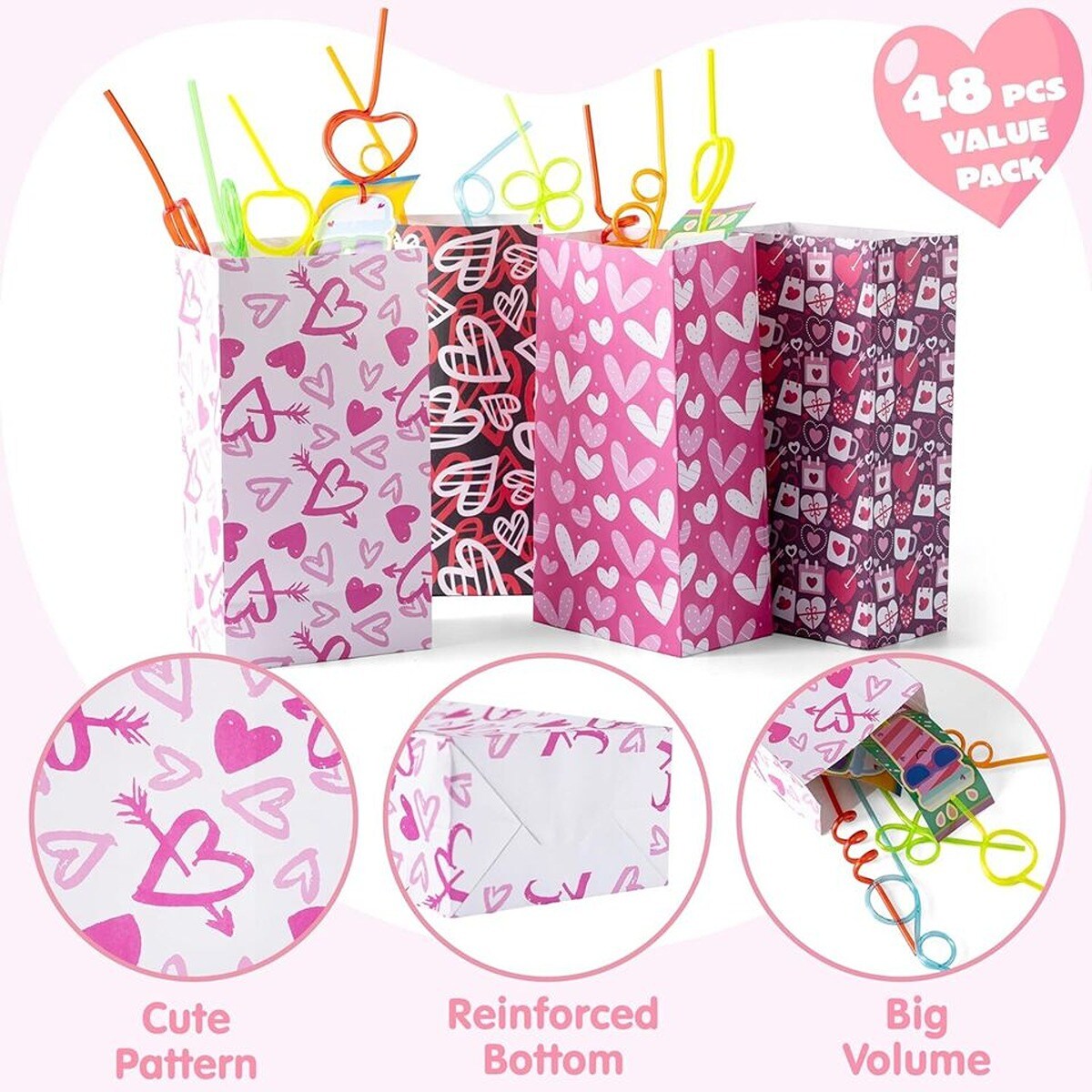Durable Valentines Paper Gift Bags 48 pcs