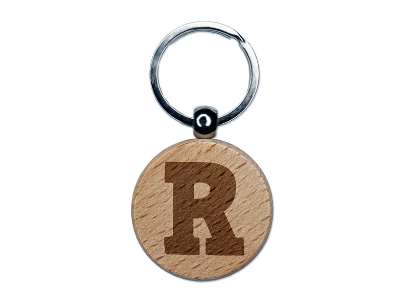 Letter R Uppercase Fun Bold Font Engraved Wood Round Keychain Tag Charm