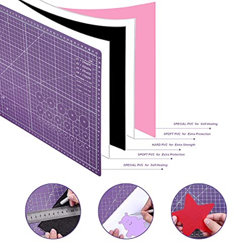 Self Healing Cutting Mat 18 inch x 12 inch Non-Slip PVC Double Sided 5-Ply A3 Art Craft Rotating Mat,Sewing Crafts Hobby Fabric Precision Scrapbooking Project(Pink/Purple)