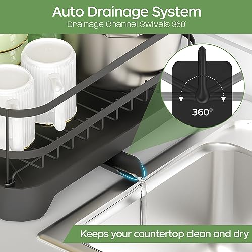 16.9&#x22;(L) x 12.2&#x22;(W), Black Dish Drying Rack, Stainless Steel Rustproof Dish Rack for Kitchen Counter, Durable Dish Drainer with Drainboard, Drainage, Utensil Holder for Various Kitchenware