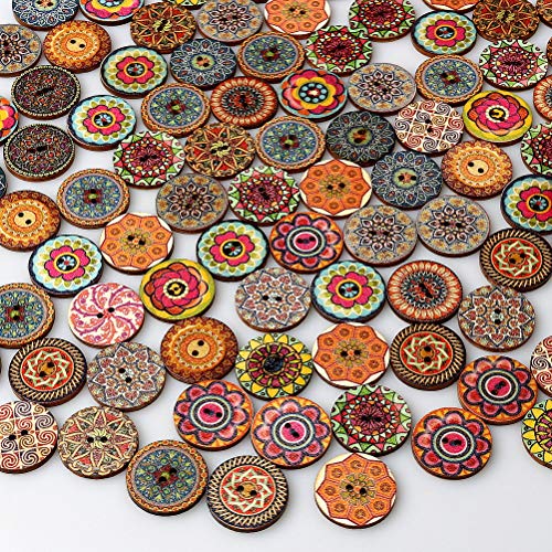 100 Pcs Mixed Color Wood Buttons, EUBags 1 Inch Natural Round Shapes Retro Buttons, Vintage Buttons with 2 Holes for DIY Sewing Crafts (1inch)