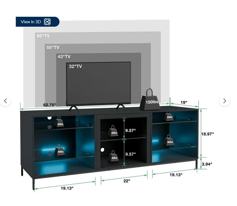 LED TV Stand for a 70-inch TV Media Console Cabinet with Open Glass Storage Shelves for Gaming Living Roomer Modern Entertainment Centre with LED Lights