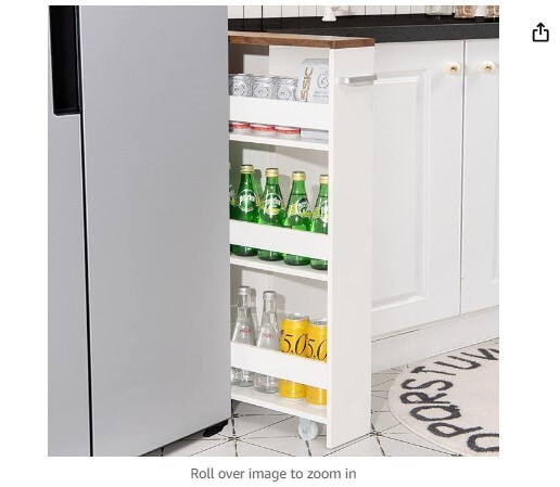 Slim Rolling Storage Cart, 4-Tier Utility Cart, Wood Kitchen Storage Cart with Handle and Wheels, Narrow Rolling Shelving Unit for Bathroom Laundry and Small Spaces