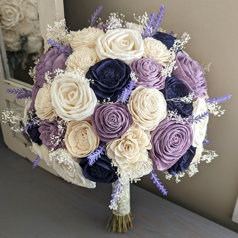 Lilac and Ivory with Navy Accents Sola Wood Flower Bouquet with