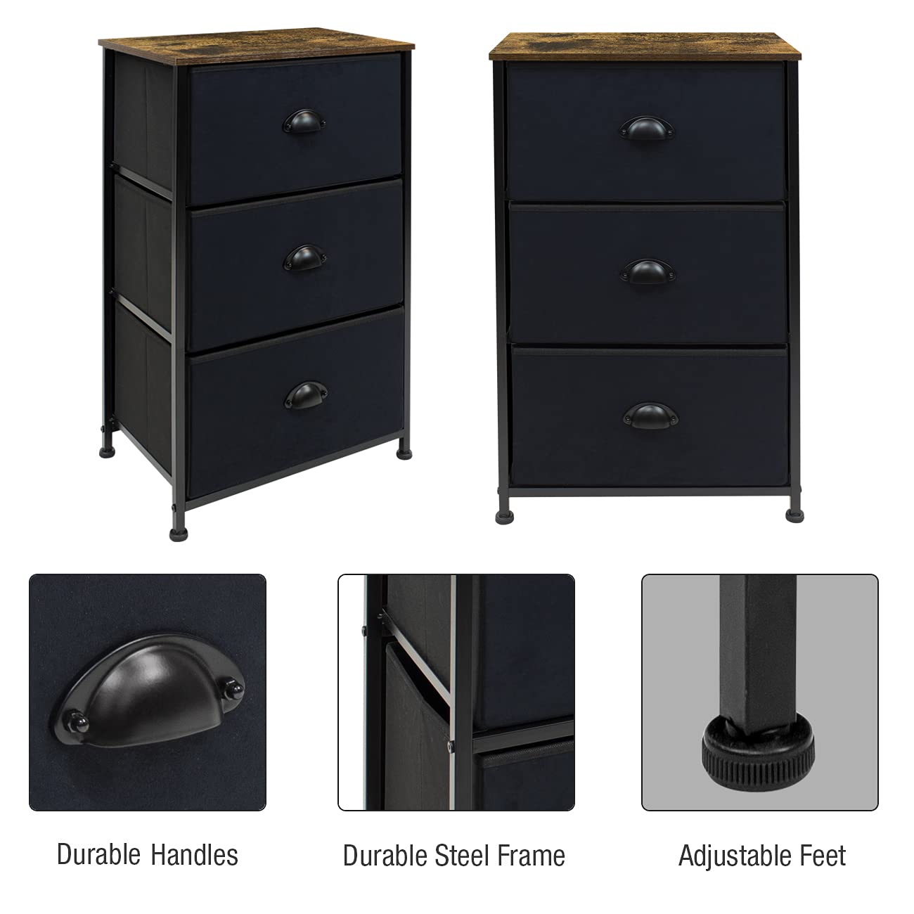 Sorbus Dresser with 3 Drawers - Bedside Furniture & Accent End Table Chest for Home, Bedroom Accessories, Office, College Dorm, Steel Frame, Wood Top, Fabric Drawers