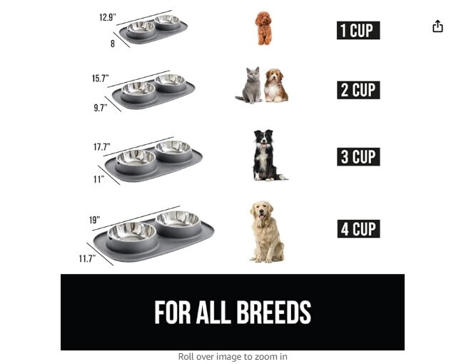 100% Waterproof BPA Free Cat and Dog Bowls Silicone Feeding Mat Set, Stainless Steel Bowl Slip Resistant Raised Edges, Catch Water, Food Mess, No Spills, Pet Accessories, 2 Cup Gray