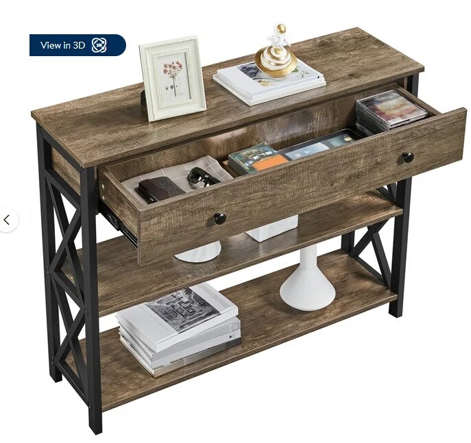 Taupe Wood with Dark Frame Console Table with 1 Drawer and 2 Shelves in Wood and Iron