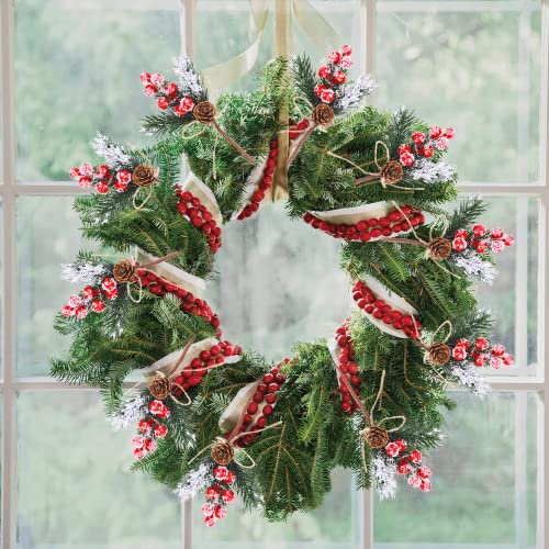 10 Pieces Christmas Berries Pine Cones for DIY Crafts-Christmas Tree Picks Spray Evergreen Artificial Pine Branches Holly Stem,Xmas Garland Décor,Gift Wrap Embellishment (Red)