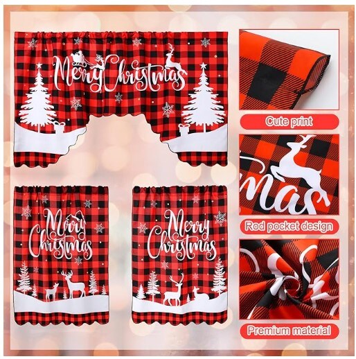 3 Pcs Christmas Kitchen Window Tier Curtains
