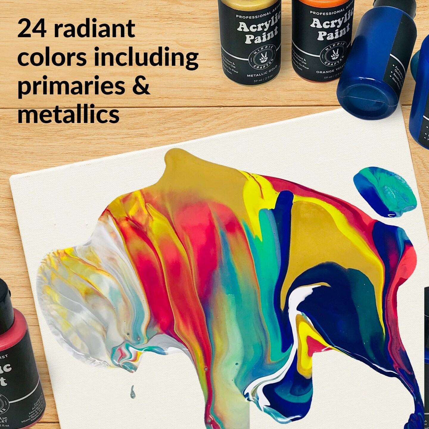 Paint Pouring Acrylic Paint Kit Ready to Pour Art and Liquid High Flow Painting Supplies Bulk 24 Color Craft Set with Metallics Fluid Acrylic Medium 2 FL Oz Bottles