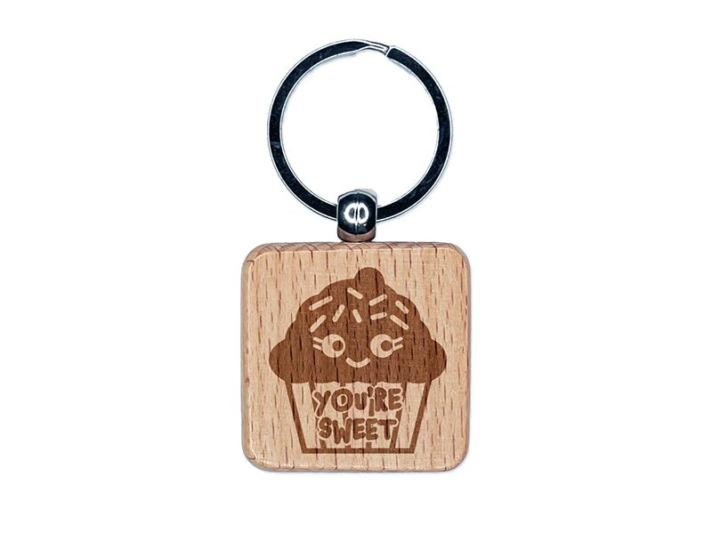 You&#x27;re Sweet Kawaii Cupcake Engraved Wood Square Keychain Tag Charm