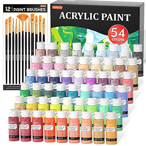54 Colors Acrylic Paint, Shuttle Art Acrylic Paint set with 12 Paint Brushes, 2oz/60ml Bottles, Rich Pigmented, Water Proof, Premium Paints for Artists, Beginners and Kids on Canvas Rocks Wood Ceramic