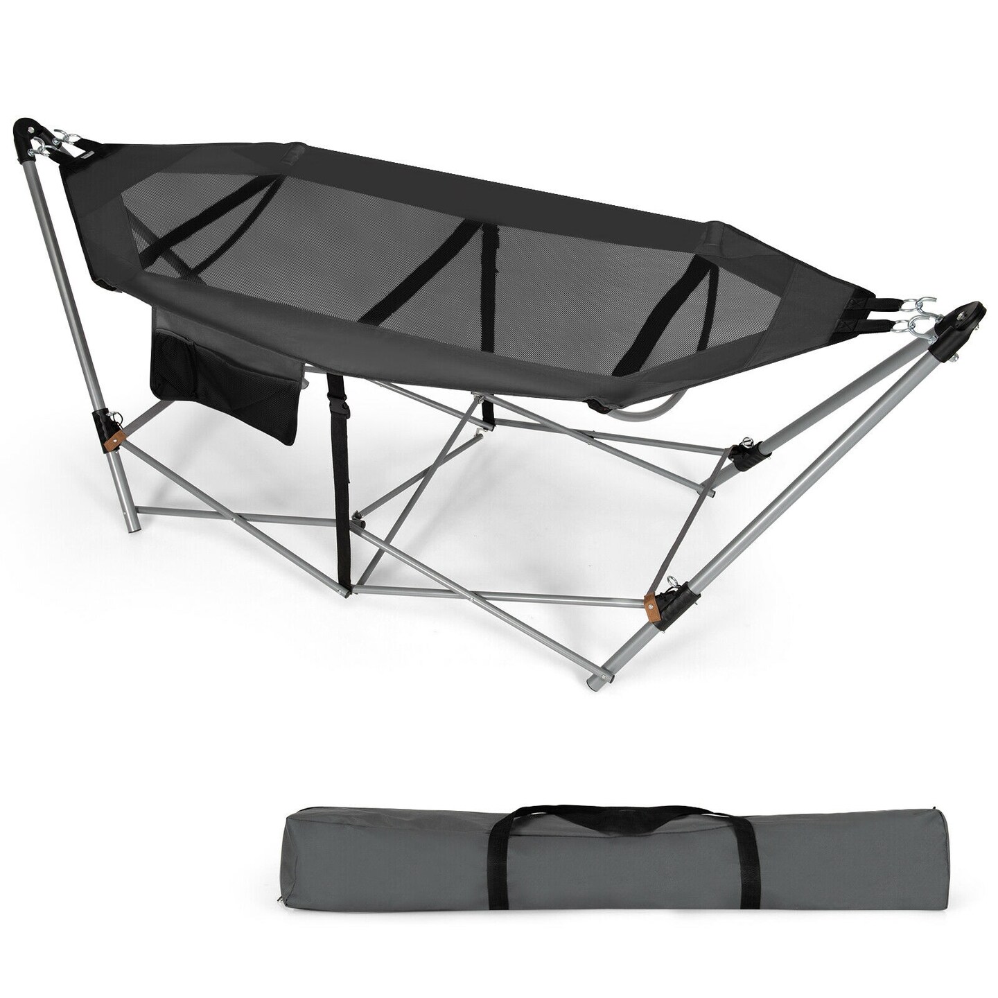 Outdoor Folding Hammock Bed with Breathable Fabric Metal Frame and Side Pocket Storage