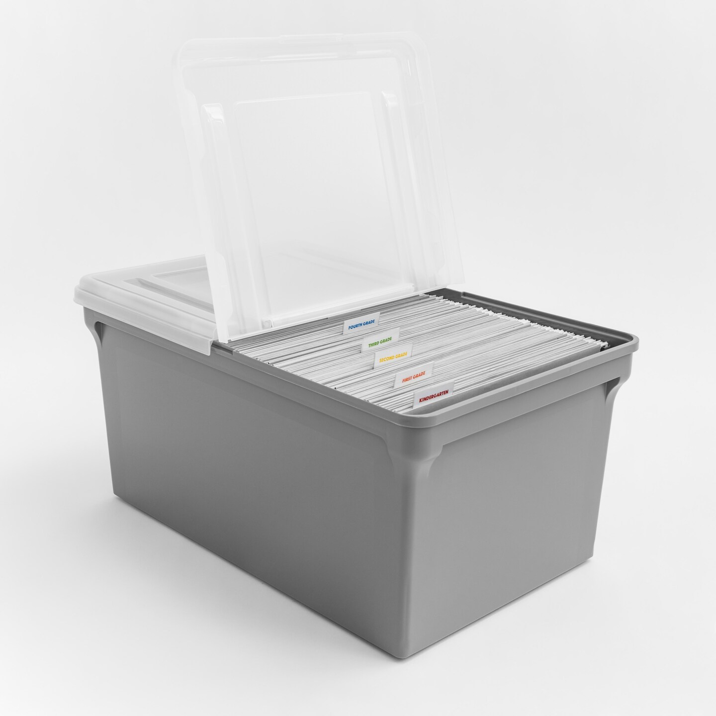 Wing-Lid Latter Size File Organizer Box, Gray with Clear Lid, Pack of 4