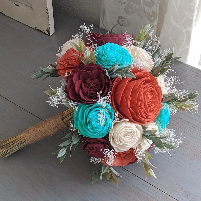 Burnt Orange, Burgundy, Turquoise, and Ivory Sola Wood Flower Bouquet ...