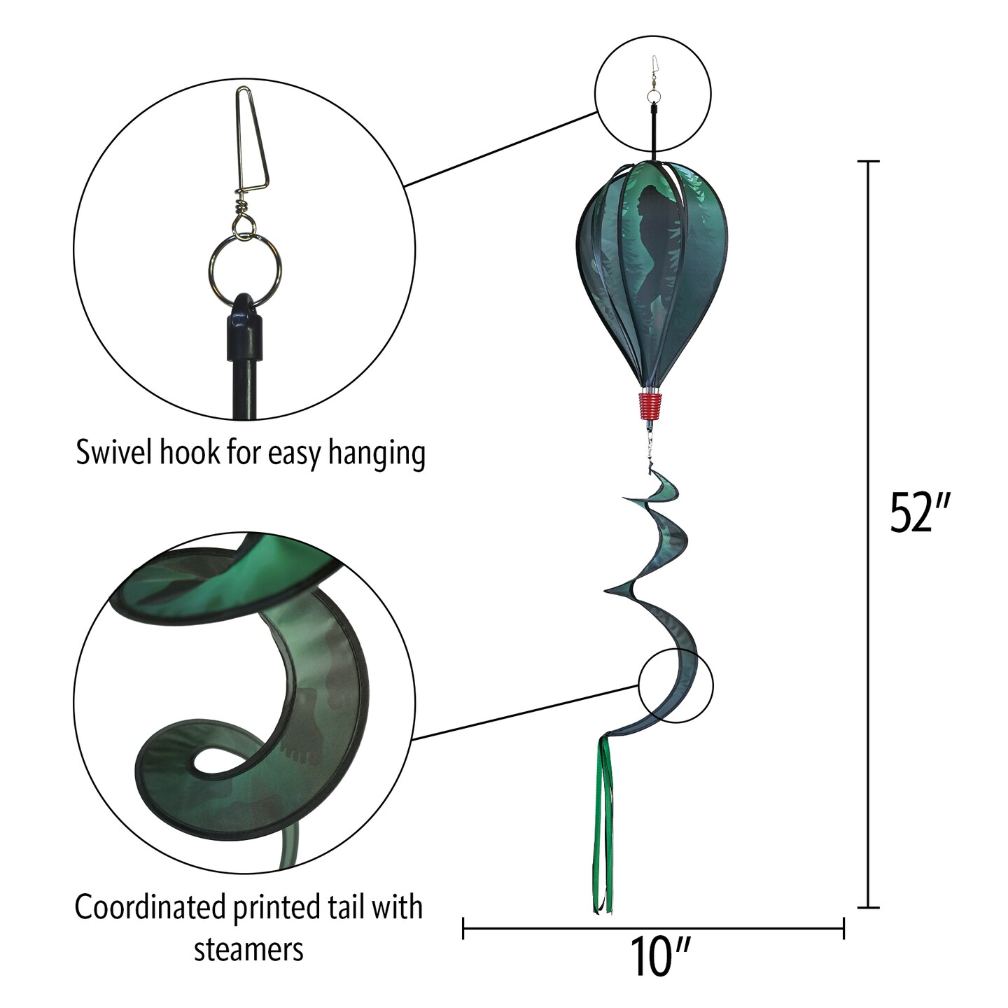 In the Breeze 0975 — Sasquatch 6-Panel Hot Air Balloon — Bigfoot Wind Spinner with Tail for Yards and Gardens