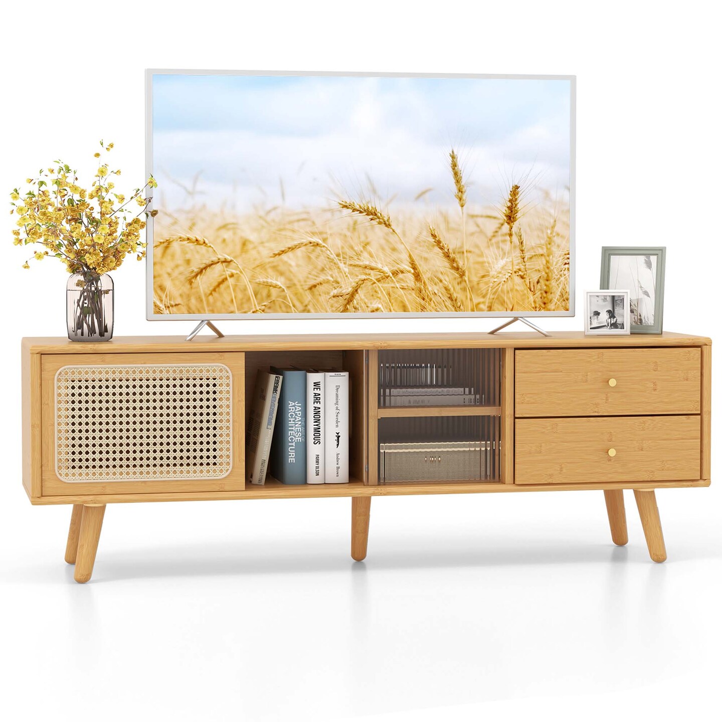 Costway Bamboo TV Stand Console Table with PE Rattan Door & 2 Drawers for TV up to 65" Brown/Natural