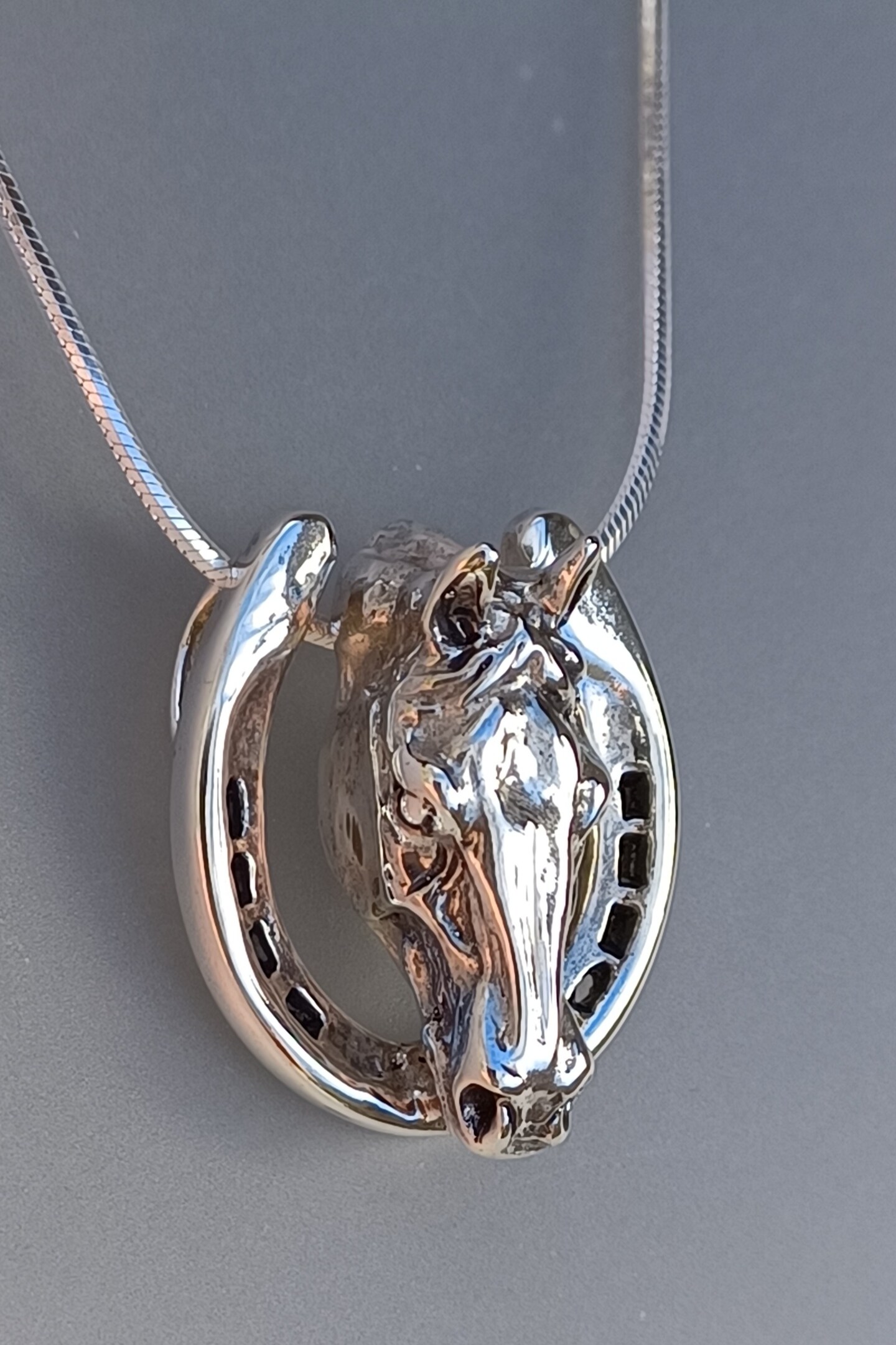 Horse Head in Horseshoe Sterling Silver Necklace, pendant and