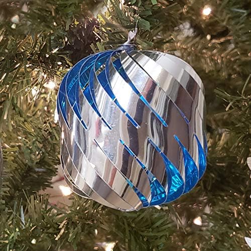 Silver Blue Swirl Pop-up Christmas Ball Ornaments 5 ct. 3&#x22;; COLLAPSIBLE Xmas Tree Reversible Plastic Ornaments; Shatterproof