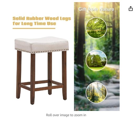 24-inch Height Backless Saddle Stools with Brass Nailhead Trim, Thick Cushion, Solid Wood Legs, Modern Bar Stools for Kitchen Island Bistro, Beige