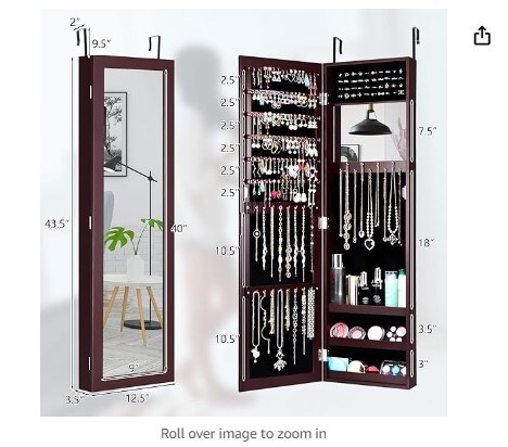 Full Length Mirror Jewelry Cabinet, Wall-Mounted Jewelry Organizer w/Makeup Mirror, Ring Slots and Necklace Hooks, Large Storage Jewelry Armoire for Bedroom, Dressing Room (Brown)