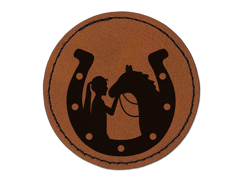 Horseshoe Horse and Girl Round Iron-On Engraved Faux Leather Patch Applique - 2.5&#x22;