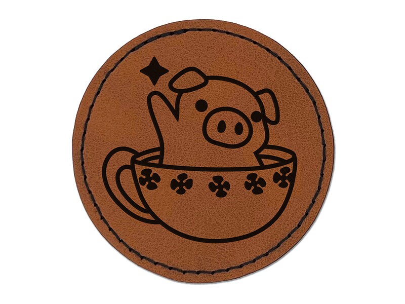 Teacup Pig Round Iron-On Engraved Faux Leather Patch Applique - 2.5&#x22;