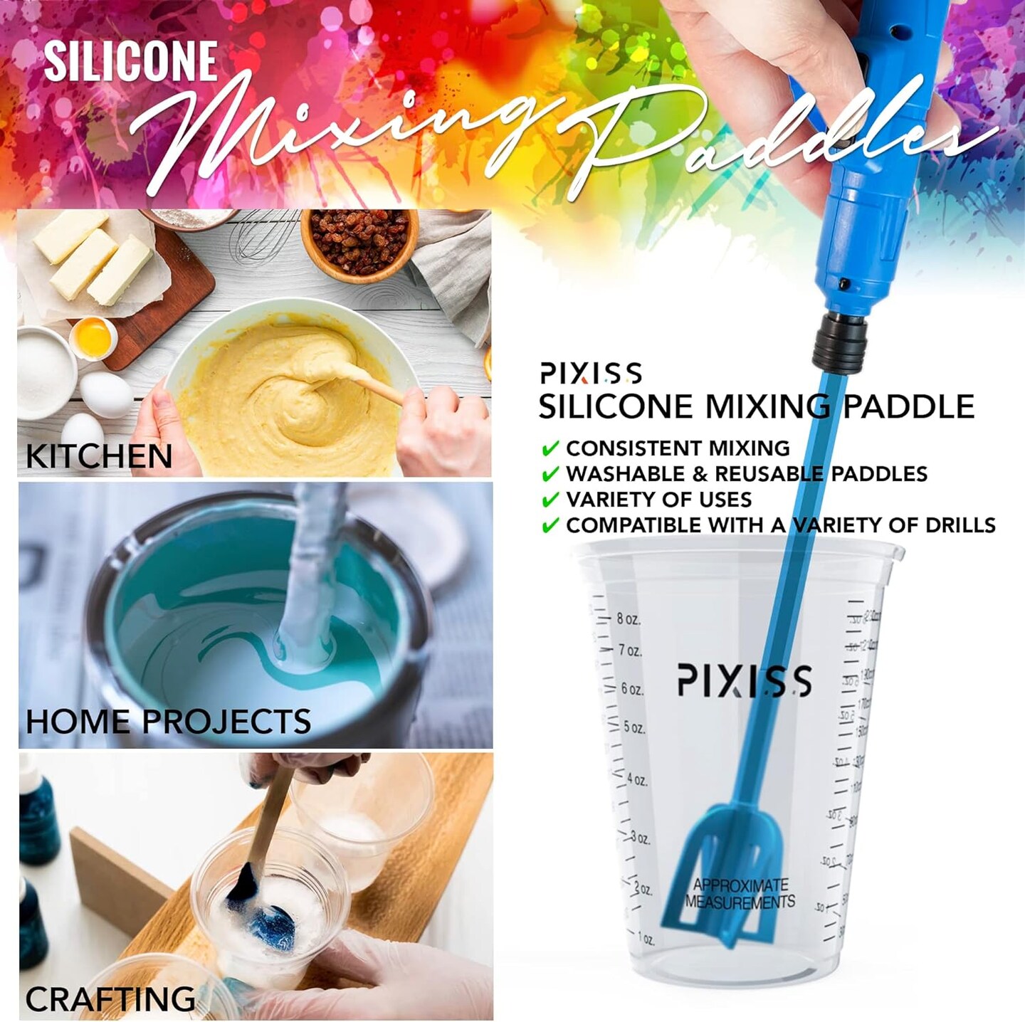 Epoxy Resin Mixer Silicone Paddles - 12 Reusable Pixiss Multipurpose Bidirectional Paint Stirrer for Drill Epoxy &#x26; Paint Mixer Drill Attachment - Paint Stirrers Epoxy Stirrer - Paint Mixer for Drill