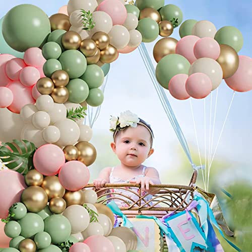 Sage Green Pink Balloons Garland Kit,133pcs Olive Green Blush Pink Sand White Metallic Gold Balloons for Girl Baby Shower Bridal Shower Wedding Birthday Jungle Safari Woodland Party Decorations&#x2026;