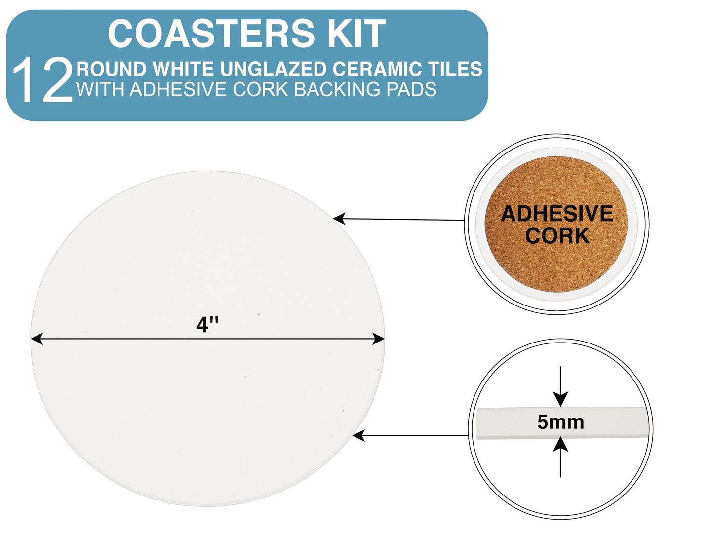 Pintar Make Your Own Coasters Kit12 Pack of 4” Round White Unglazed Ceramic Tiles with Adhesive Cork Backing Pads Use with Alcohol Ink, Acrylic Paints