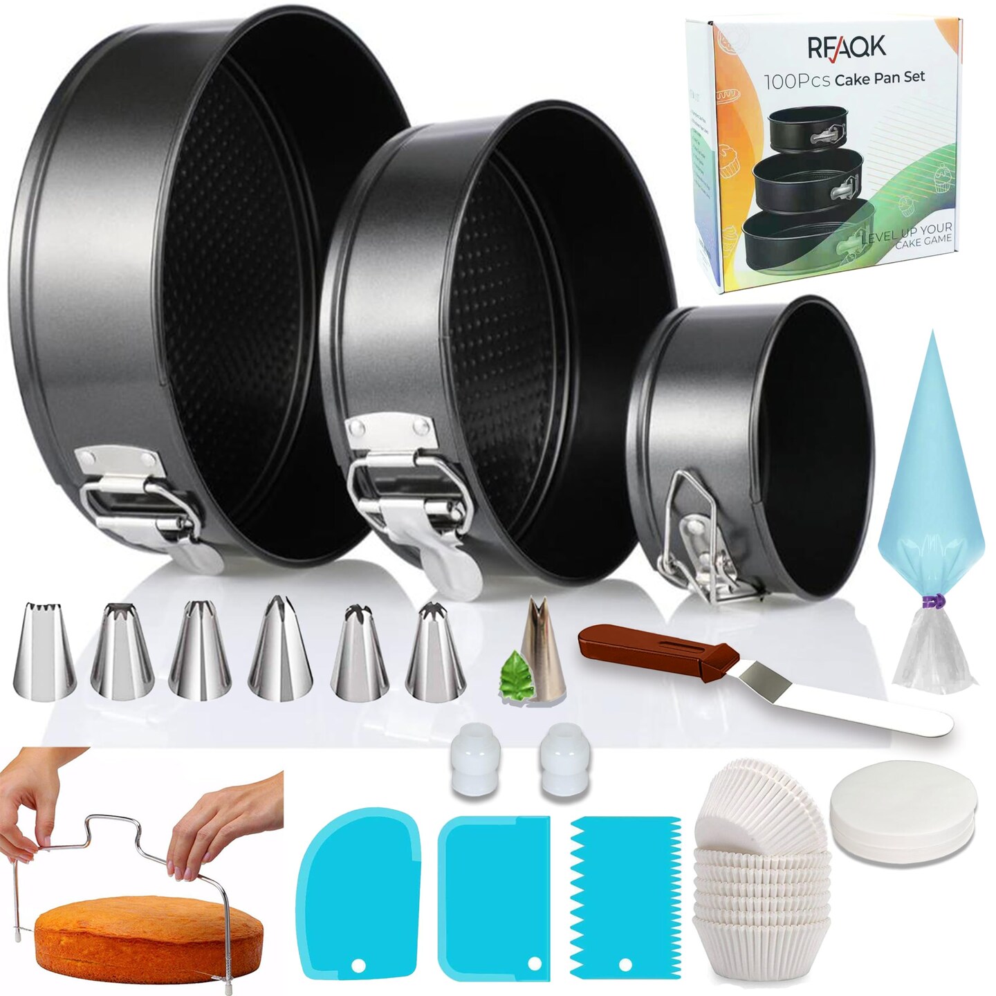 100 Pieces Cake Pan Sets for Baking + Cake Decorating Kit: 3 Non-Stick Springform Pans Set (4, 7, 9 inches), Piping Tips, Cake Leveler – Multi-functional Leak-Proof CheeseCake Pan & eBook
