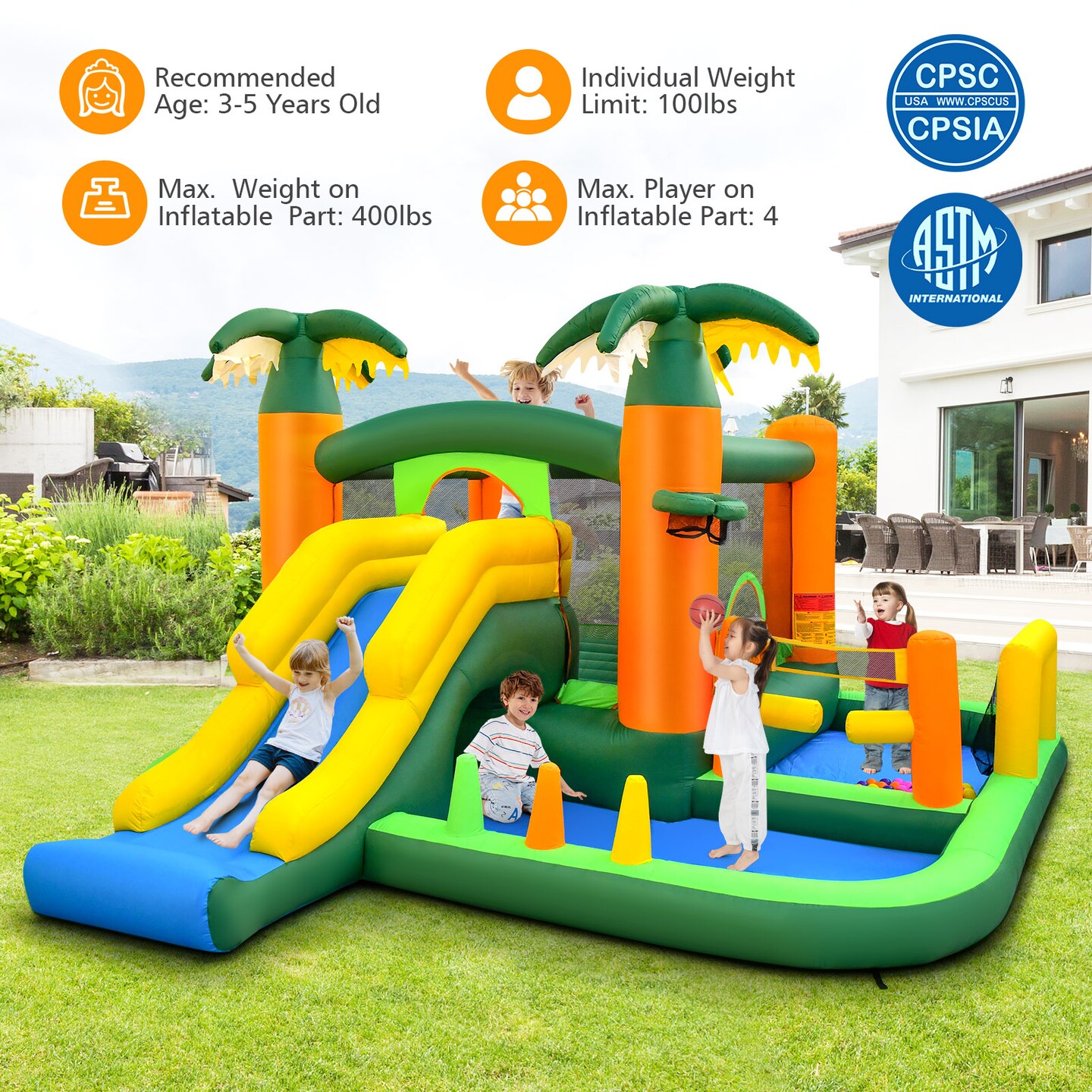 8-in-1 Tropical Inflatable Bounce Castle with 2 Ball Pits Slide and Tunnel