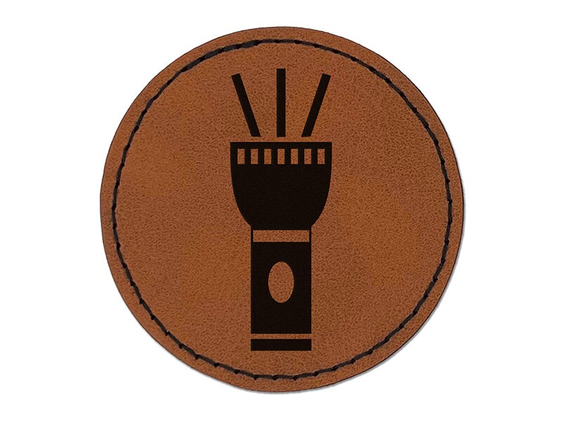 Flashlight Icon Round Iron-On Engraved Faux Leather Patch Applique - 2.5&#x22;