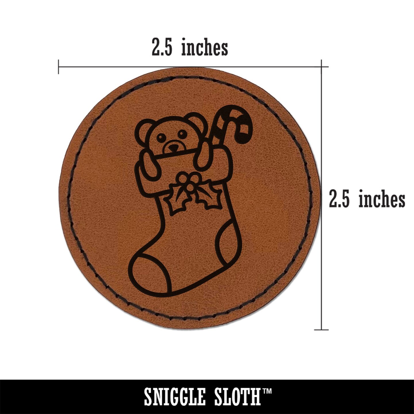 Christmas Stocking with Presents Round Iron-On Engraved Faux Leather Patch Applique - 2.5&#x22;