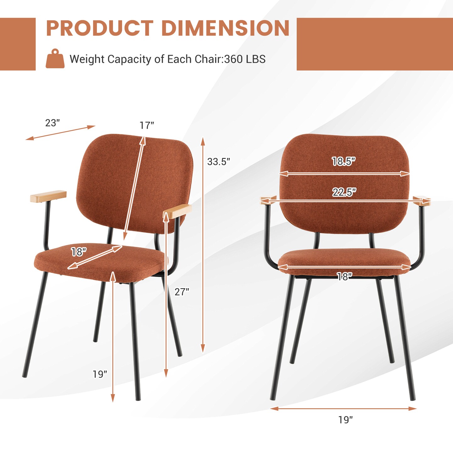 Set of 2 Modern Fabric Dining Chairs with Armrest and Curved Backrest