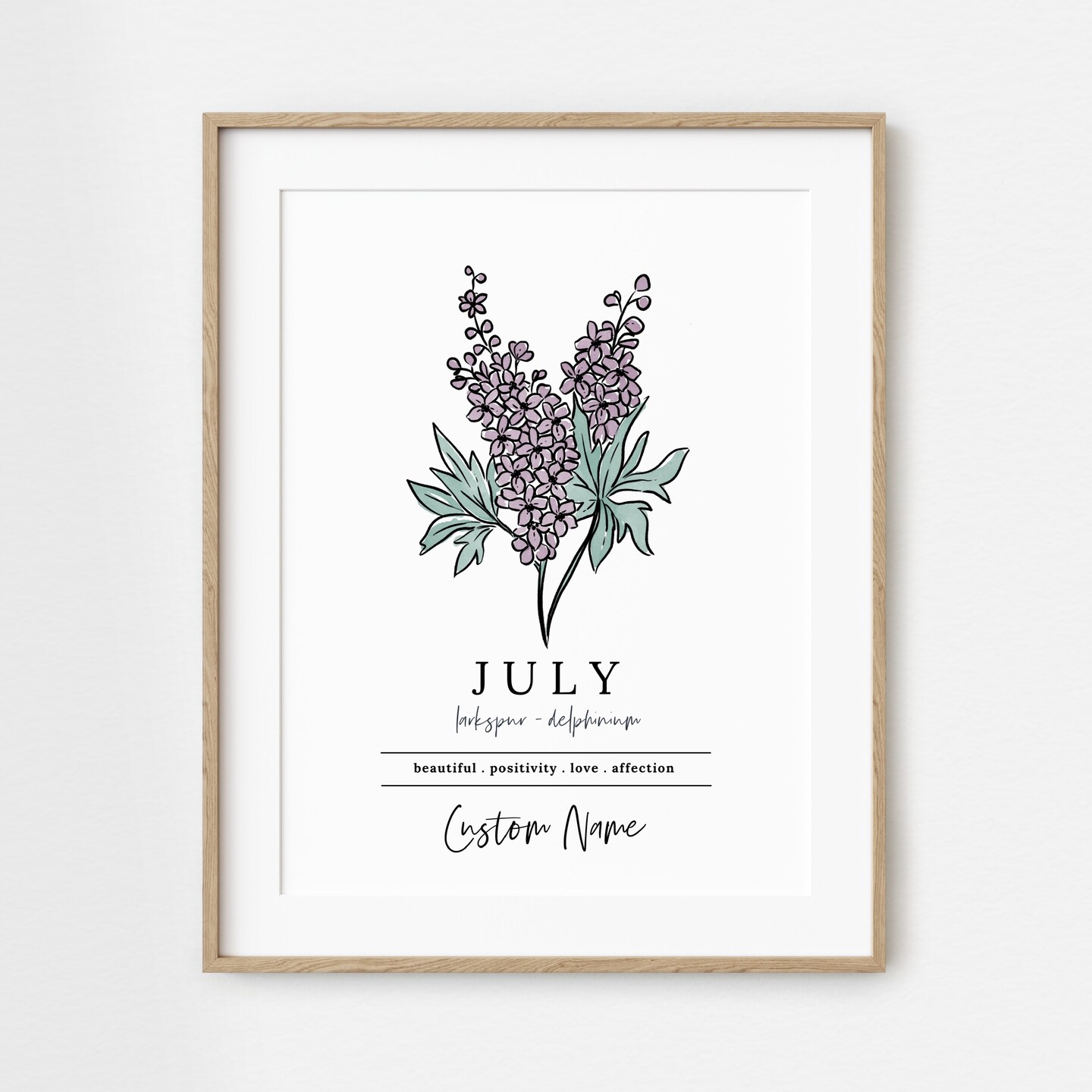 Personalized July Larkspur Birth Flower Art Print | Custom Gift ...