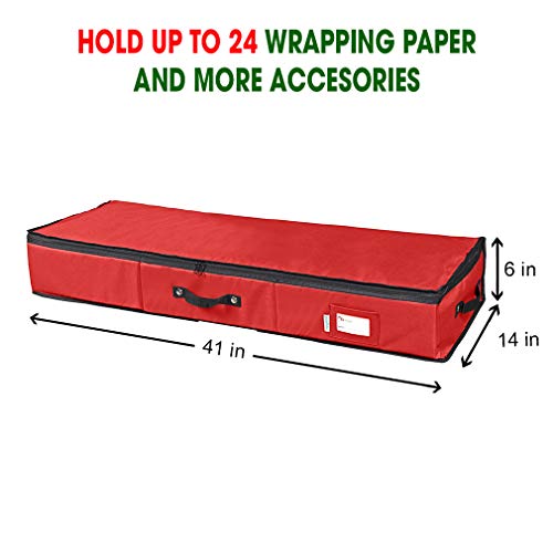 Primode Wrapping Paper Storage Container | Gift Wrap Organizer Under Bed | 41&#x201D;x14&#x201D;x6&#x201D; | Fits 18-24 Rolls Up to 40&#x201D; | Durable 600D Oxford Material | Box Holder with Pockets for Ribbon, Bows and Accessories (Red)