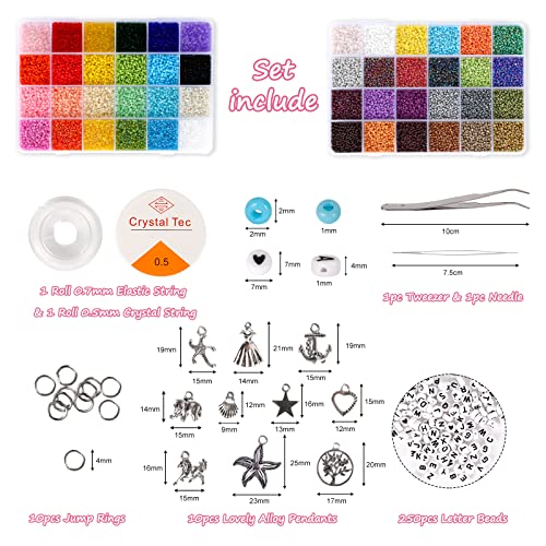 35000 pieces 2mm Glass Seed Beads for Jewelry Making Kit, 250pcs Alphabet Letter Beads, Tiny Beads Set for Bracelets Making, DIY, Art and Craft with Rolls of Elastic String Cord, Charms and Rings