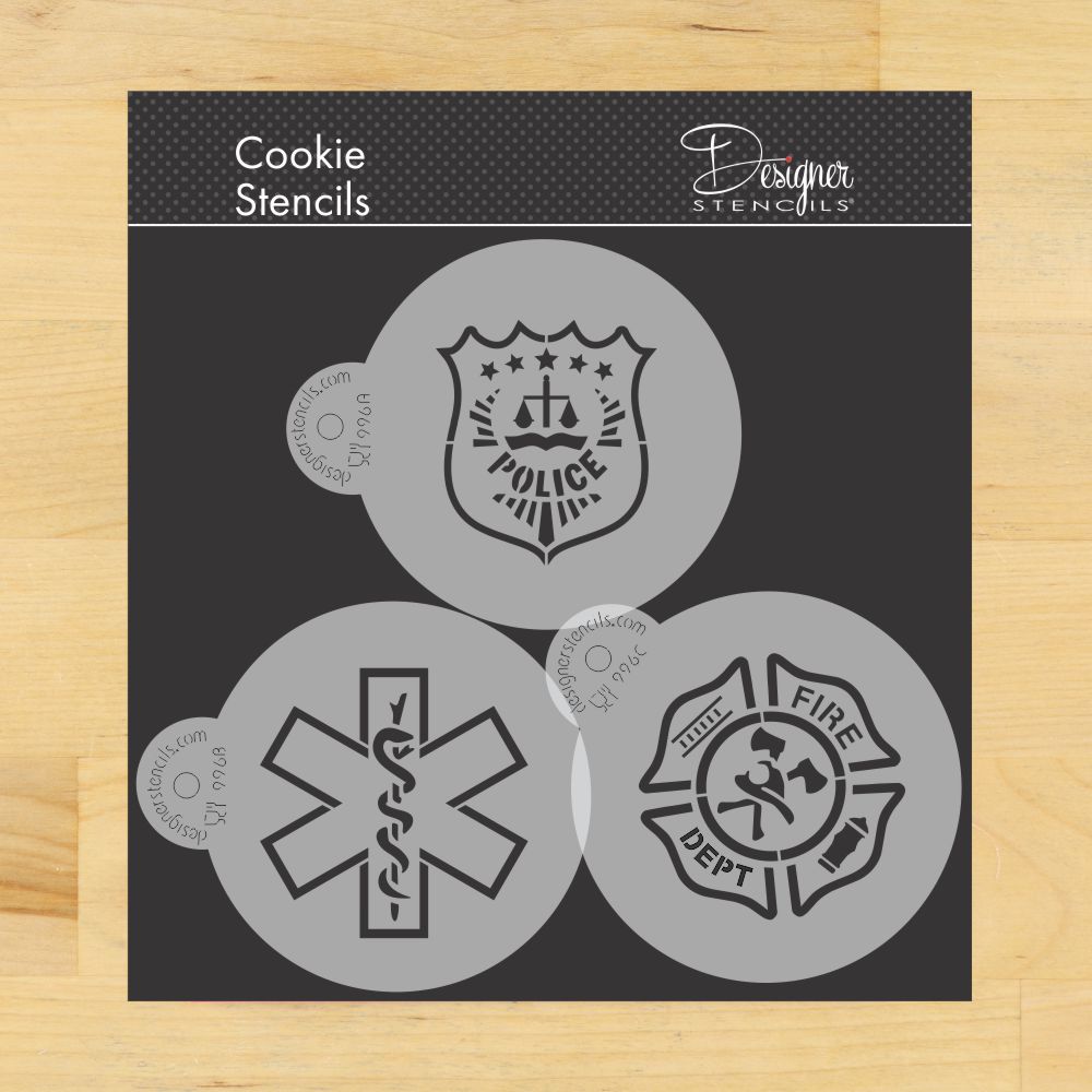 First Responders Cookie Stencil Set | C996 by Designer Stencils | Cookie Decorating Tools | Baking Stencils for Royal Icing, Airbrush, Dusting Powder | Reusable Plastic Food Grade Stencil for Cookies | Easy to Use &#x26; Clean Cookie Stencil