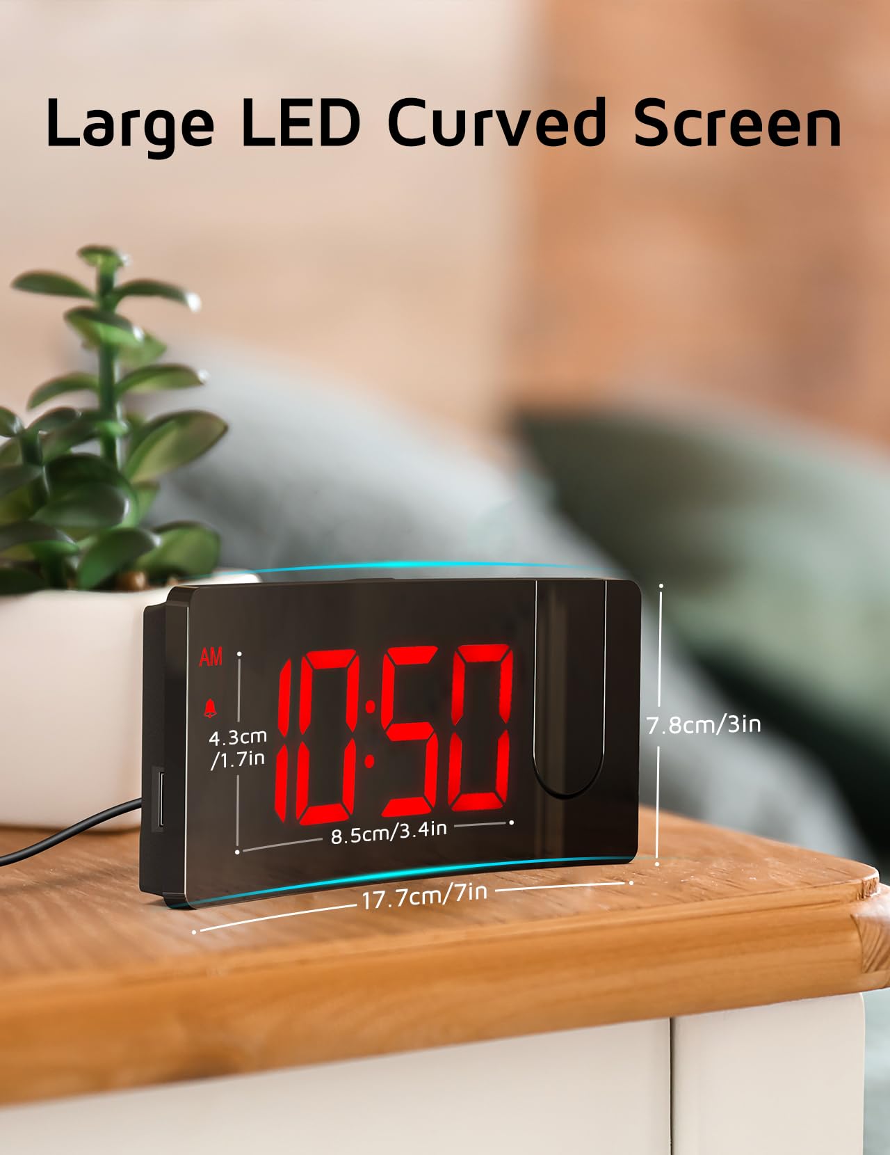 Digital Clock with 180° Rotatable Projector, 3-Level Brightness Dimmer, Clear LED Display, USB Charger, Progressive Volume, 9mins Snooze,12/24H, for Bedroom
