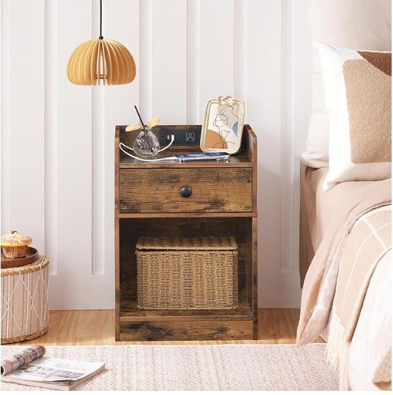 Nightstand with Charging Port End table made of wood with a drawer and an opening shelf. Side Table with USB Ports and Outlets, Bedroom Bedside Table, Simple Design, Brown rust