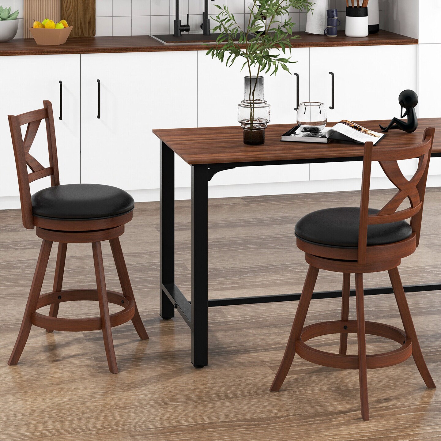 2 Pieces Classic Swivel Bar Stool Set with X-shaped Open Back