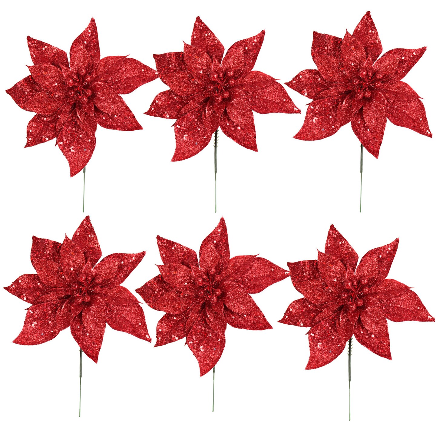 12-Pack: Red Glitter Poinsettia Picks, 8.5&#x22; Wide, Festive Holiday Accents, Christmas Picks, for Trees, Wreaths, &#x26; Garlands, Home &#x26; Office Decor
