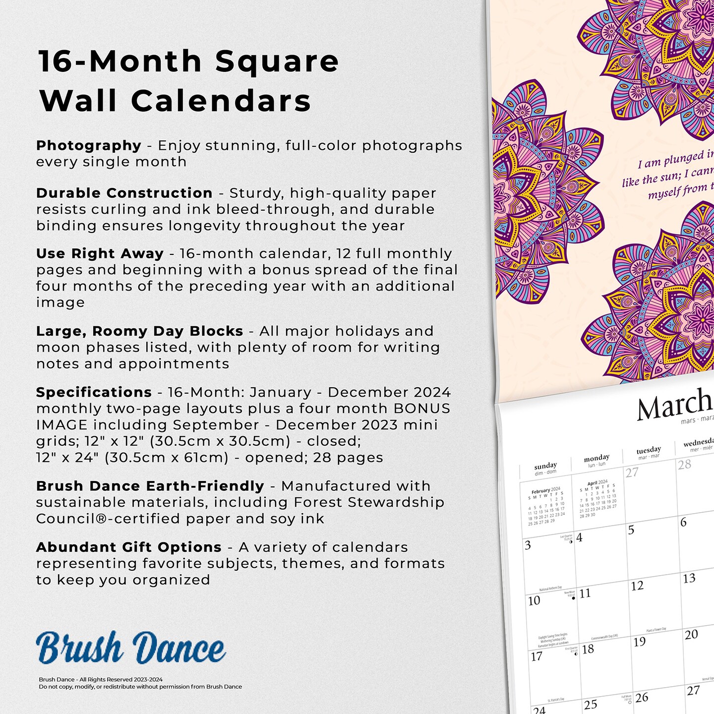 Enlightened Rumi | 2024 12 x 24 Inch Monthly Square Wall Calendar | Brush Dance | Traditional Art Poetry