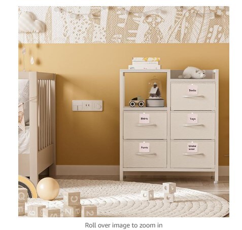 A small chest of drawers with a two-tier side shelf, a white dresser with five storage bins, and fabric tower furniture for the living room, bedroom, foyer, dorm room, and closets.