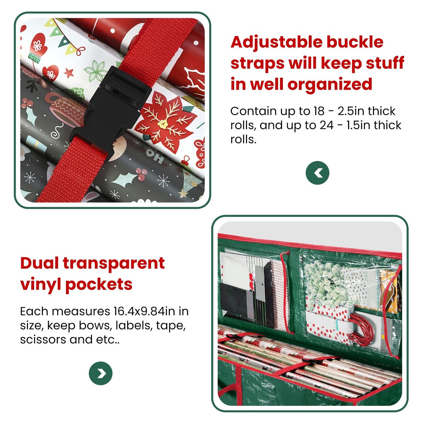 2Pcs Christmas Wrapping Paper Storage Containers Foldable Organizer with Pockets and Handles