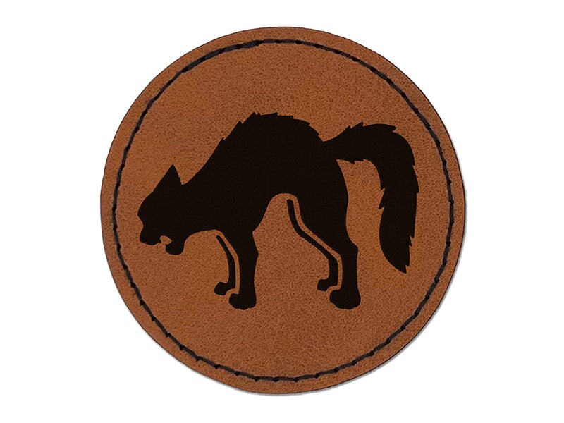 Scared Hissing Black Cat Halloween Round Iron-On Engraved Faux Leather Patch Applique - 2.5&#x22;