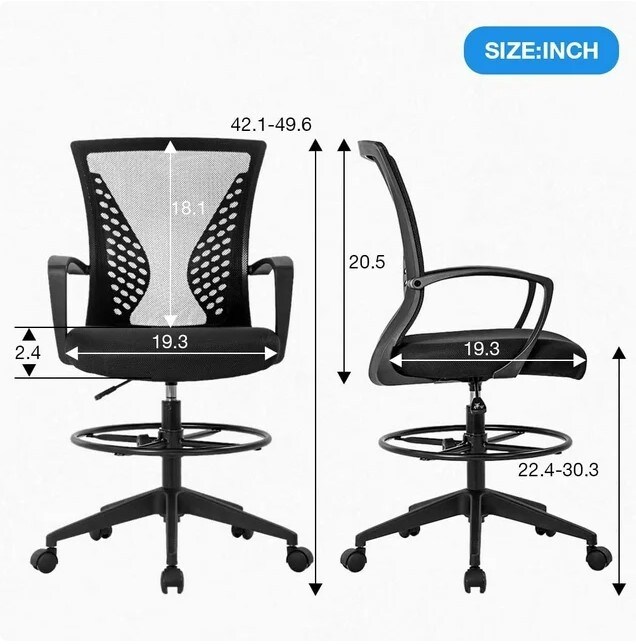 Adjustable Drafting Chair Tall Office Chair Adjustable Height with Arms, Foot Rest, and Back Support Height Adjustable Swivel Desk Chair Mesh Drafting Stool for Adults and Women (Black)