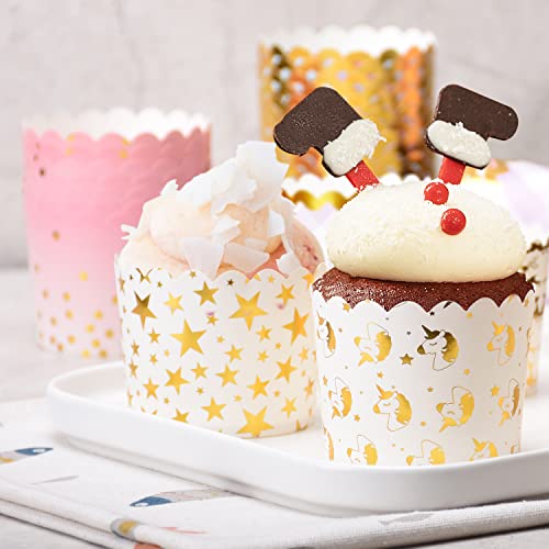 25 Pieces Party Hippo Cupcake Cups, 4.5 Oz Disposable Foil Muffin Liners, Gold Cupcake Baking Cups, Baking Cups (Gold Dots Pink)