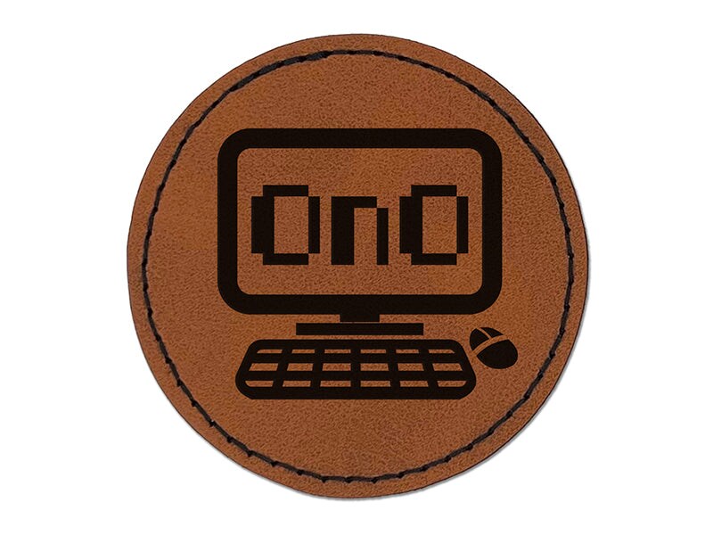 Frowning Kawaii Computer Face Emoticon Round Iron-On Engraved Faux Leather Patch Applique - 2.5&#x22;